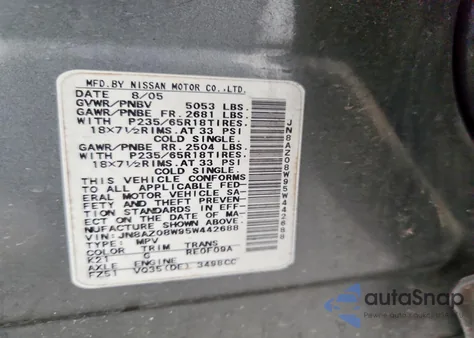 2005 Nissan Murano Sl z USA, uszkodzony, nr VIN JN8AZ08W95W442688